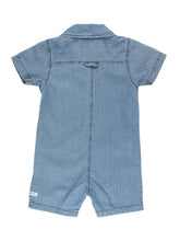 Load image into Gallery viewer, RuffleButts Baby Boys Light Wash Denim Button-Up Romper
