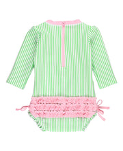 Load image into Gallery viewer, RuffleButts Spring Green Seersucker Long Sleeve One Piece Rash Guard Swimsuit
