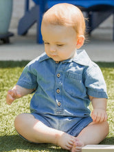 Load image into Gallery viewer, RuffleButts Baby Boys Light Wash Denim Button-Up Romper
