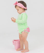 Load image into Gallery viewer, RuffleButts Spring Green Seersucker Long Sleeve One Piece Rash Guard Swimsuit
