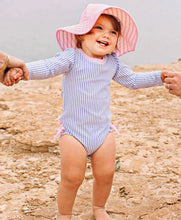 Load image into Gallery viewer, RuffleButts Periwinkle Blue Seersucker Long Sleeve One Piece Rash Guard Swimsuit
