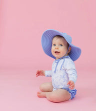 Load image into Gallery viewer, RuffleButts Periwinkle Butterfly Garden Long Sleeve One Piece Rash Guard Swimsuit with Signature Rear Ruffles
