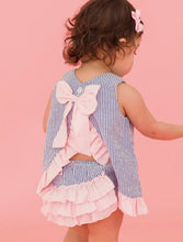 Load image into Gallery viewer, RuffleButts Blue Seersucker Ruffle Swing Top &amp; Bloomer Set
