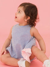 Load image into Gallery viewer, RuffleButts Blue Seersucker Ruffle Swing Top &amp; Bloomer Set
