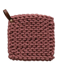 Load image into Gallery viewer, Crocheted Pot Holder with Leather Loop, 3 Colors
