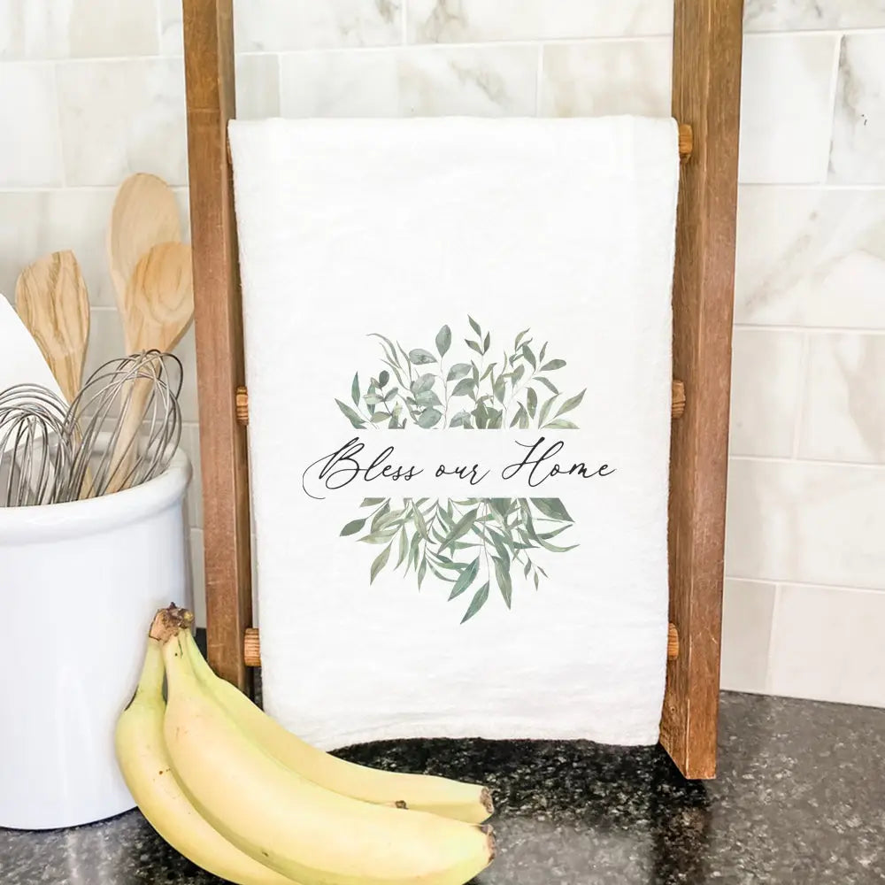 Indigo Tangerine Bless Our Home Greenery - Cotton Tea Towel