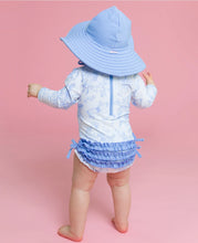 Load image into Gallery viewer, RuffleButts Periwinkle Butterfly Garden Long Sleeve One Piece Rash Guard Swimsuit with Signature Rear Ruffles
