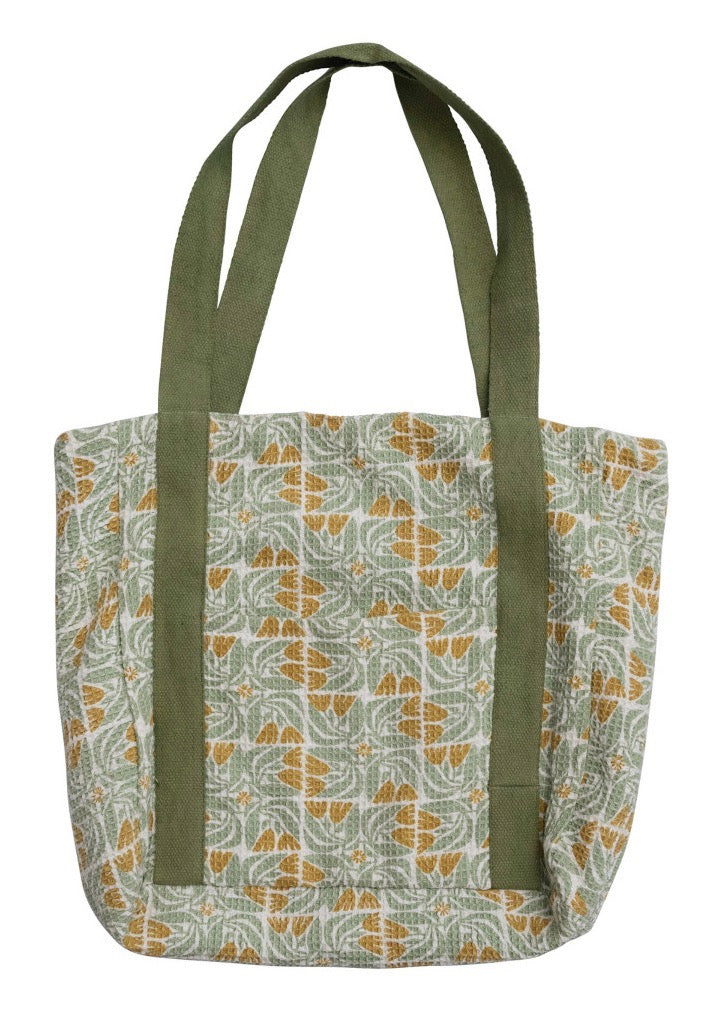 Cotton Printed Waffle Weave Tote Bag w/ Flowers & Pocket, 2 Styles